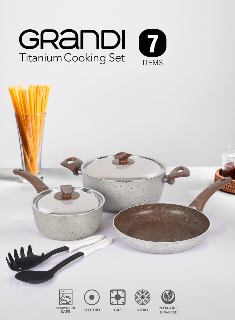 Grandi 7 Piece Non-Stick Cookware Set Aluminum Pots And Pans Non-Stick Surface Bakelite Handle Stainless Steel Lids  PFOA Free Brown and beige 24+24+18 cm - Image 1